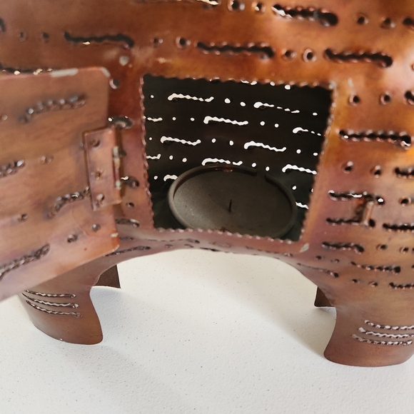 Vintage Folk art Fat Cat Cut Out Bronze Painted Metal Lantern Candle Holder Boho - Picture 5 of 6